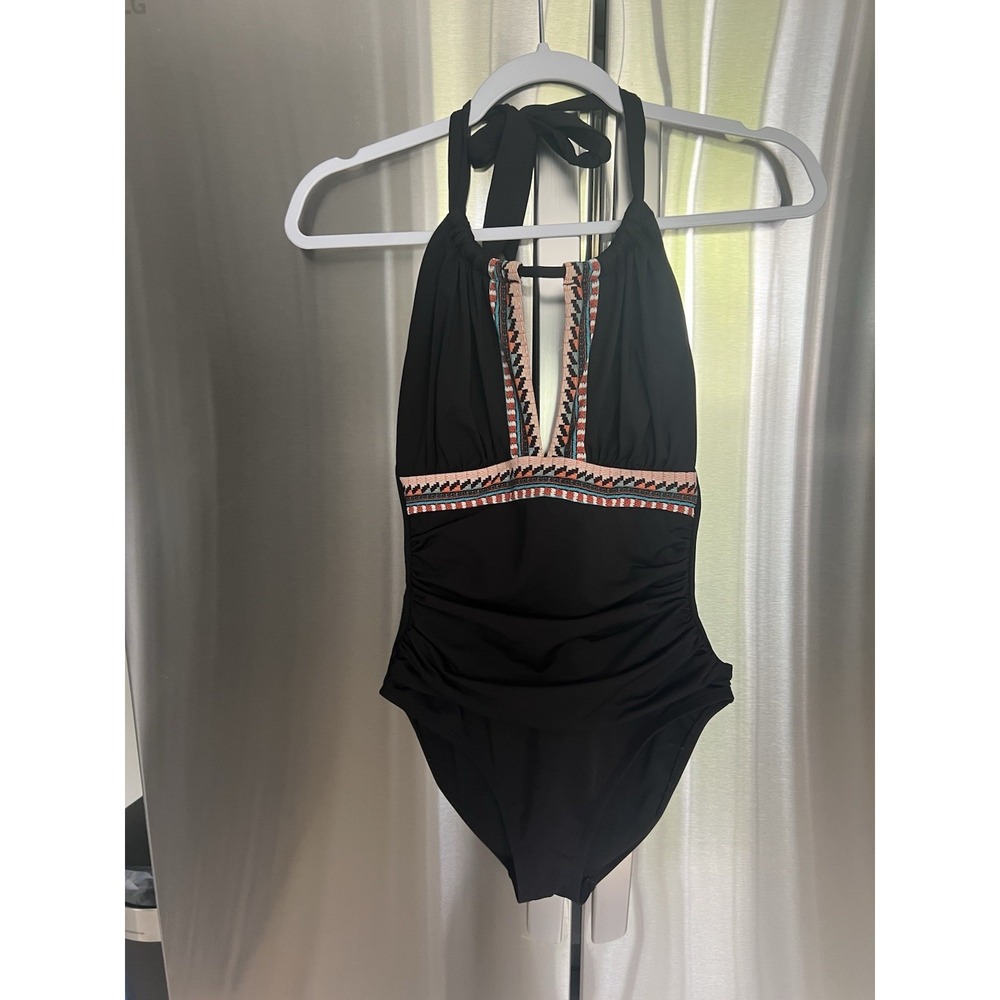 Kenneth Cole One Piece Swimsuit Womens Small Black Halter Tribal